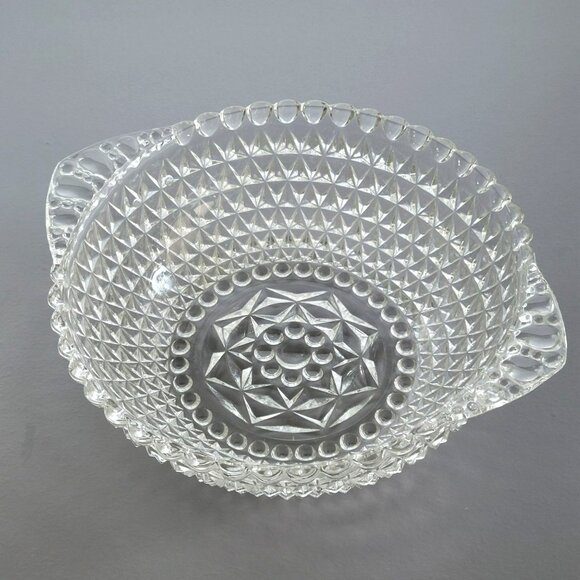 Vintage Handled Clear 10" Round Serving Bowl, Textured Triangles/Diamond & Dot - Picture 2 of 8